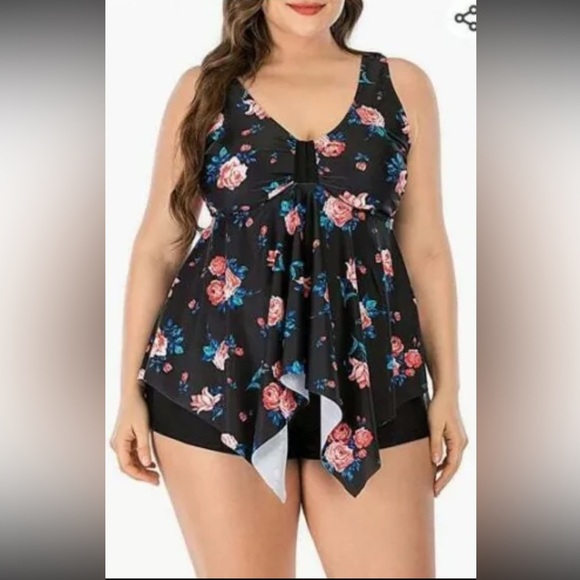 ESPRLIA Plus Size Tankini Two-Piece Ruffled Bathing Suit | Black Floral | NEW!! - Picture 1 of 6
